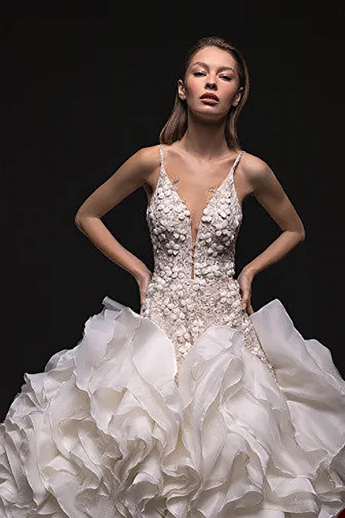 Cascading Ruffles Mermaid Wedding Dress Sexy Spaghetti Straps Tiered Ruffle Bride Dress 3D Flowers Bridal Gowns