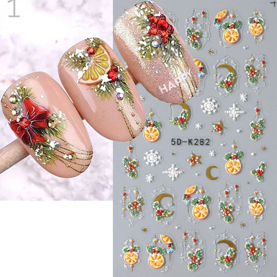 5D Holly Orange Christmas Nail Stickers Winter Snowflake Moon Cartoon Santa Claus Elk Year Nail Stickers Decoration 241008