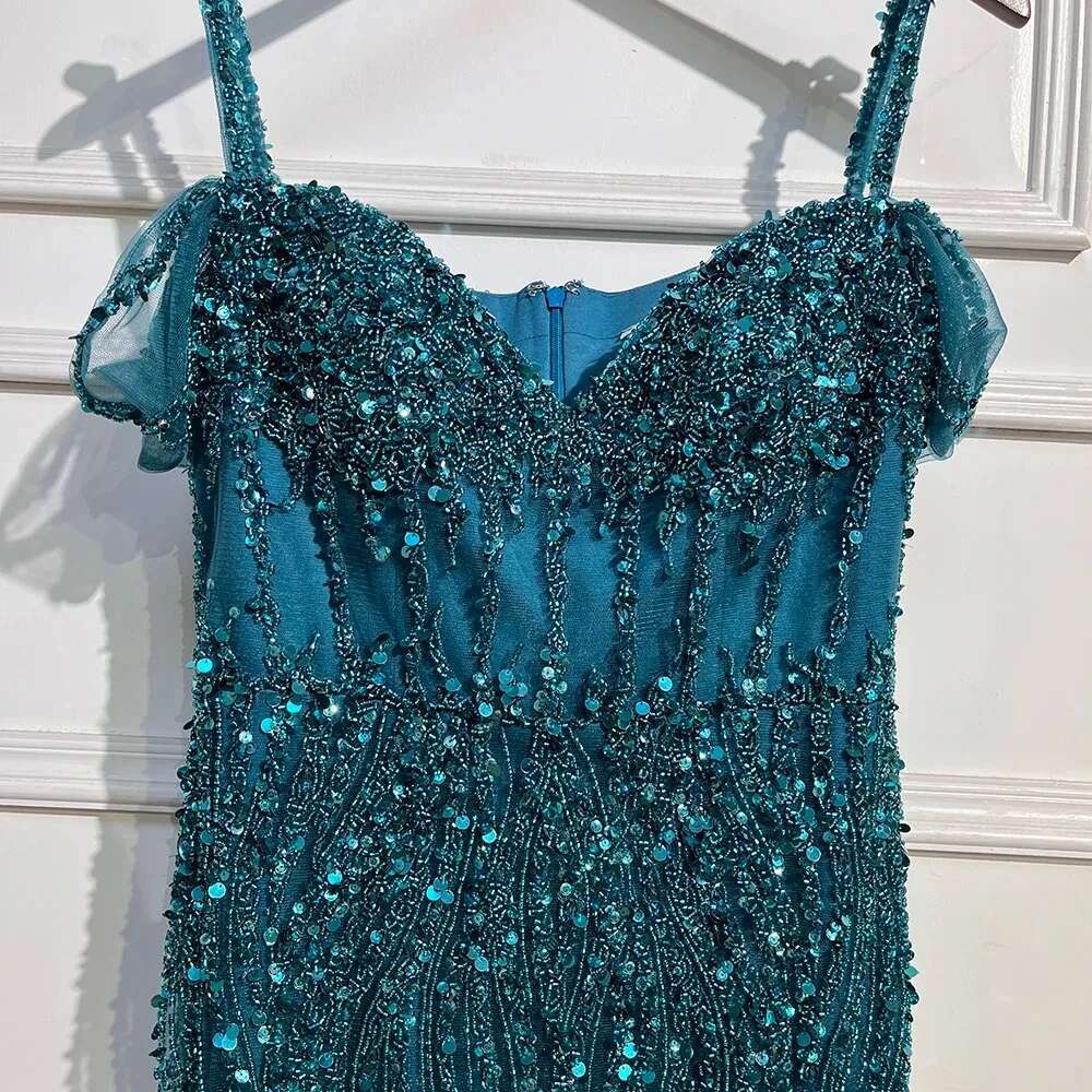 Serene Hill Green Mermaid Sexy High Split Off Shoulder Evening Dresses Feather Beaded Gowns Long 2024 For Women Party GLA71650A