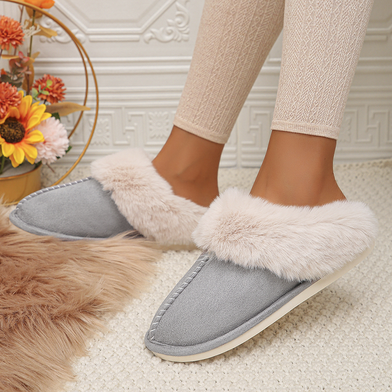 Lucyever Winter Home Fur Slippers Women 2023 New Couples Flat Heels House Cotton Shoes Woman Faux Suede Keep Warm Plush Slides