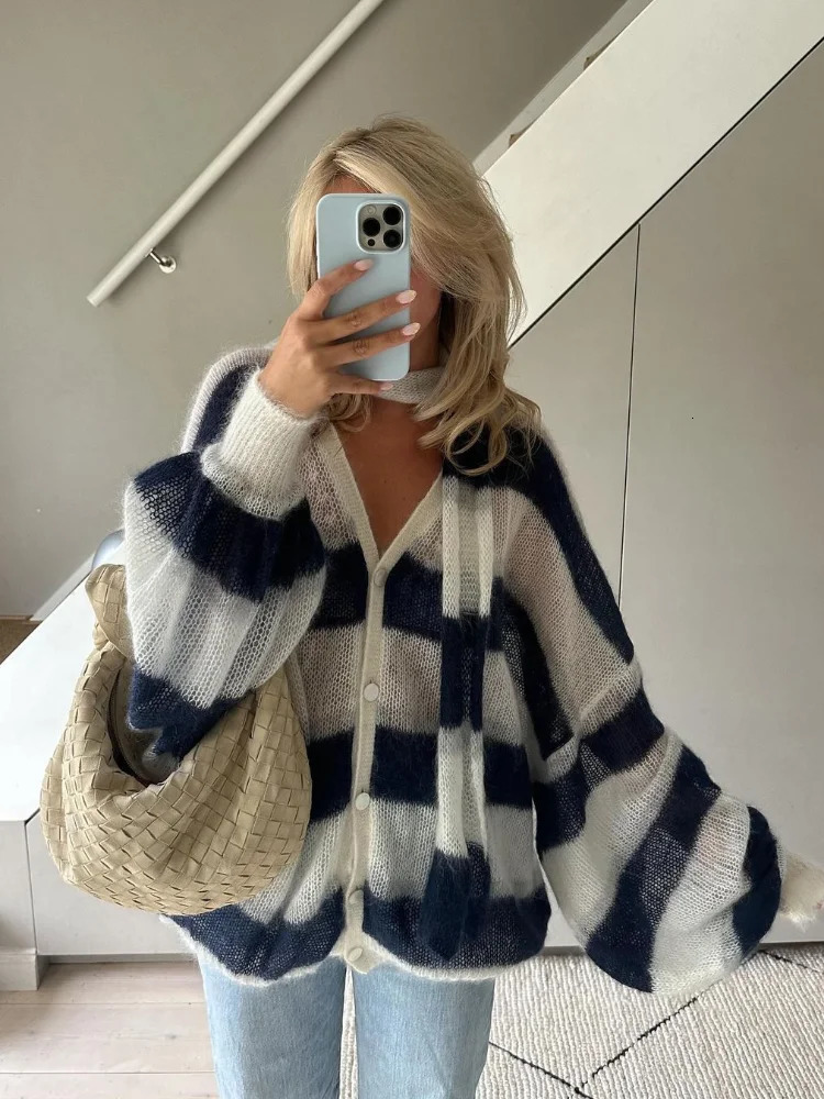 Fashion contrast striped womens knitted cardigan with scarf casual V-neck lantern sleeve sweater jacket womens fashion knitted cardigan 241010