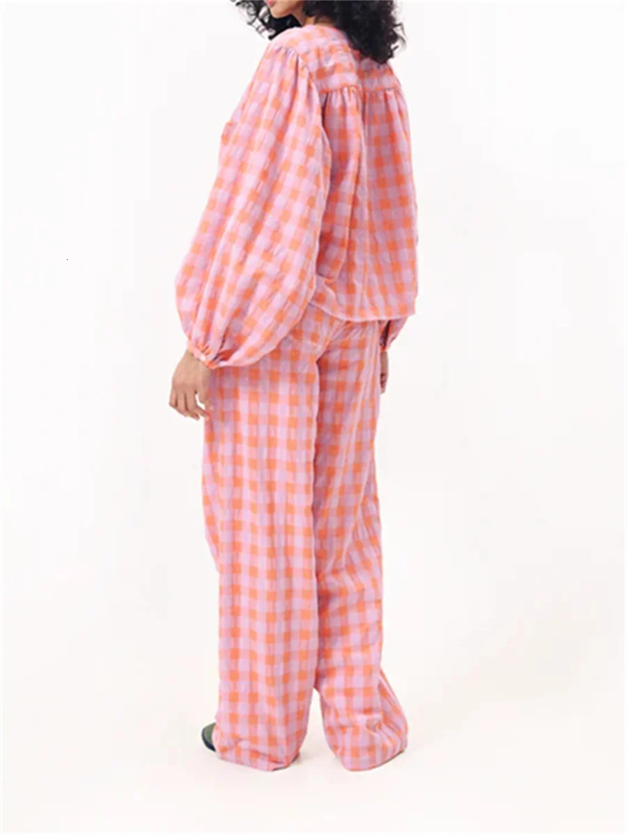 Womens Red Checkered Lounge Set Round Neck Long Sleeve Top Elastic Waist Pants 2piece Harajuku Autumn Pajama 241008