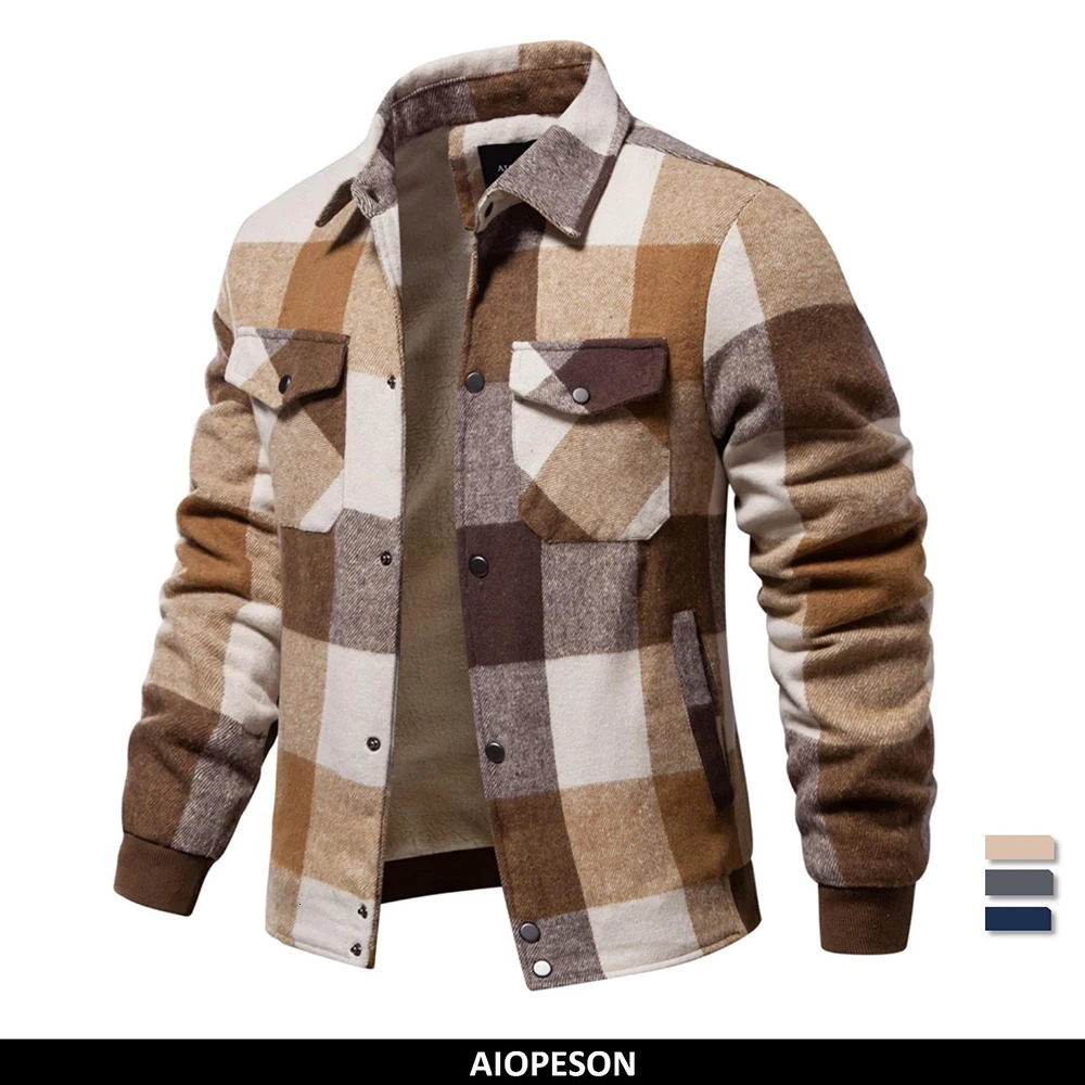 AIOPESON mens flannel plain weave Sherpa wool lining winter jacket with thick warm collar casual shirt jacket mens jacket 241009