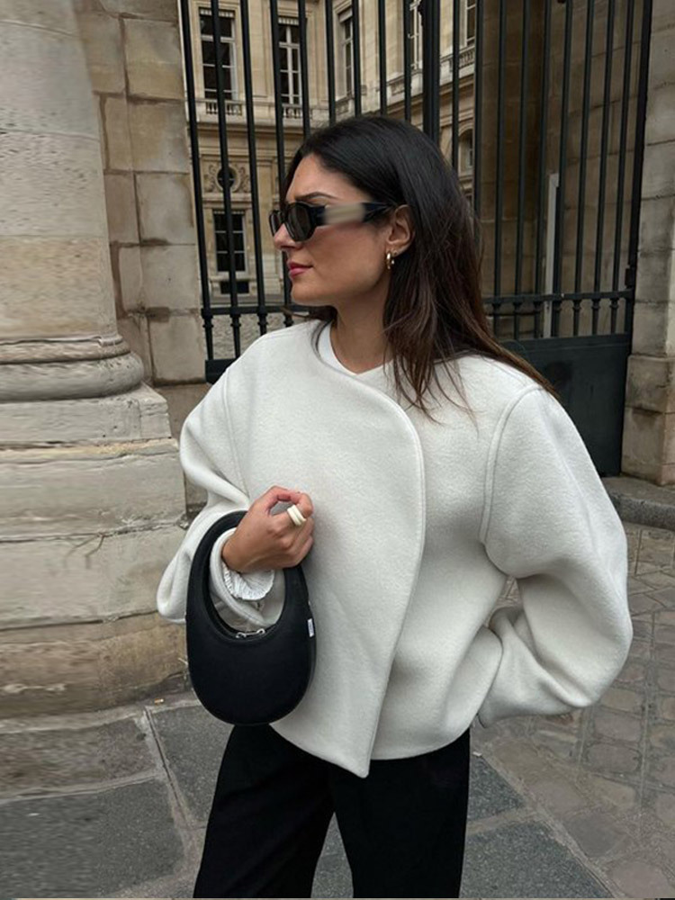 Casual Faux Fur Short Jackets Women Elegant Loose Round Neck Solid Street Cardigan 2024 Autumn Long Sleeves Outwears Lady