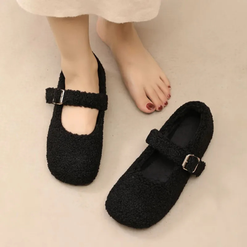 6-color womens flat bottomed faux fur winter shoes Mary Janes shoes warm light button Lambswool cotton padded shoes boat shoes 1632C 241007