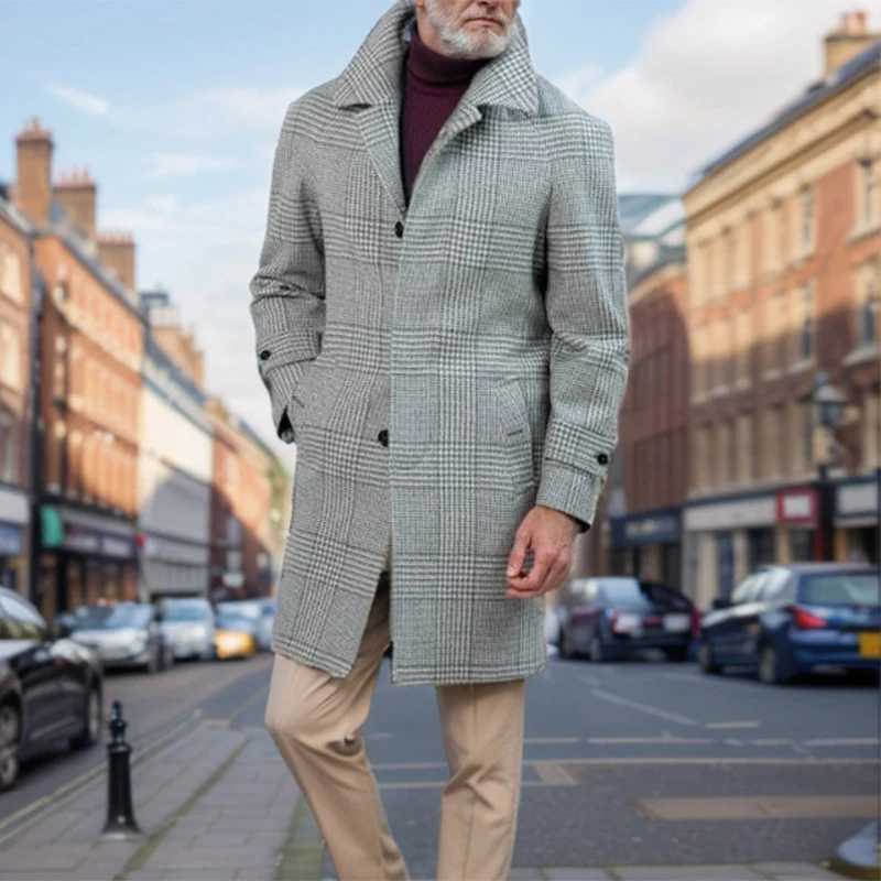 Vintage Plaid Woolen Trench Coat Men Fashionable Lapel Button-up Lace-up Belt Windbreaker Mens Mid Jacket Fall Winter Outerwear LX241010