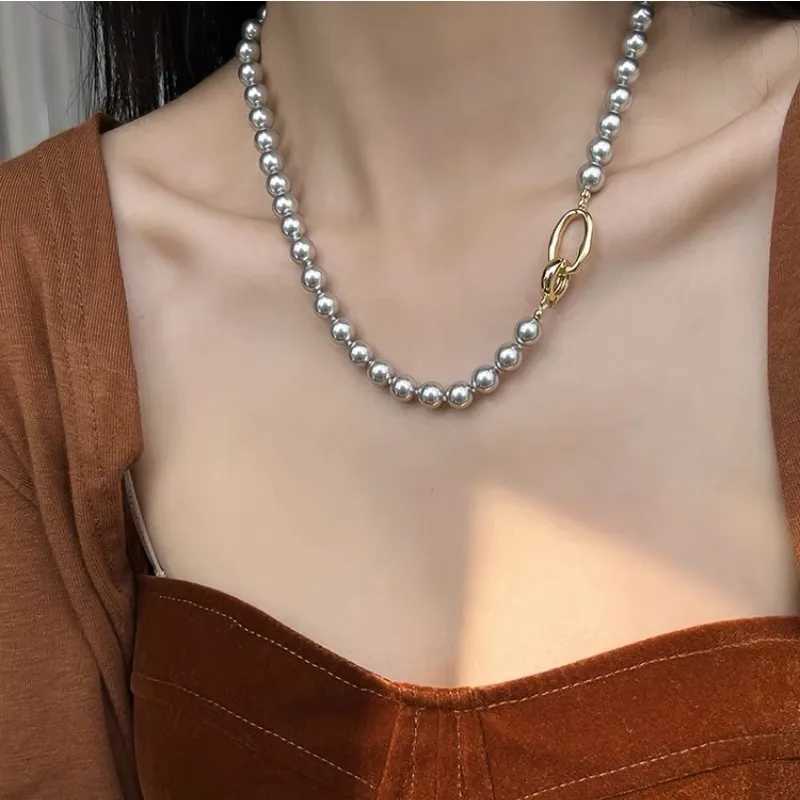 New Elegant Stylish Gray Faux Pearl Necklace For Women Fashionable Metallic JewelryX241009