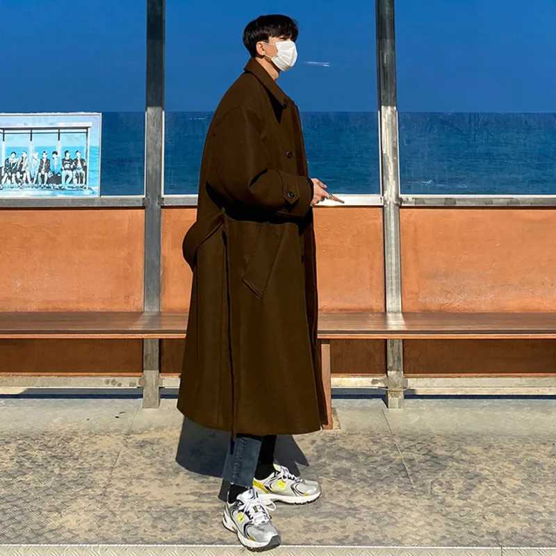 IEFB Tweed Overcoat Mens Autumn Winter Long Coat Loose Knee-length New Korean British Thickened Belted Woolen Jacket D1221 LX241010