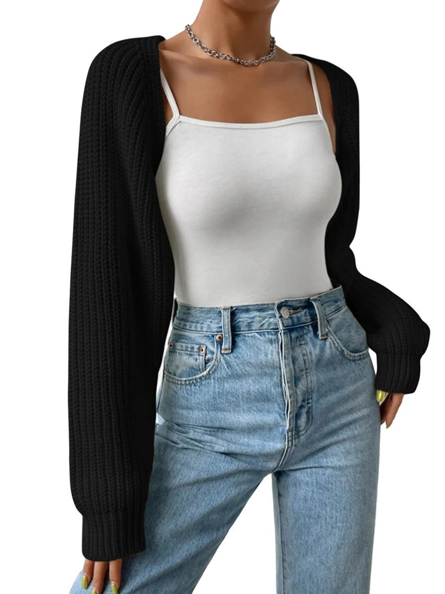 Women s Open Front Cropped Cardigan Long Sleeve Solid Color Ribbed Knit Shrug Sweater Bolero Tops