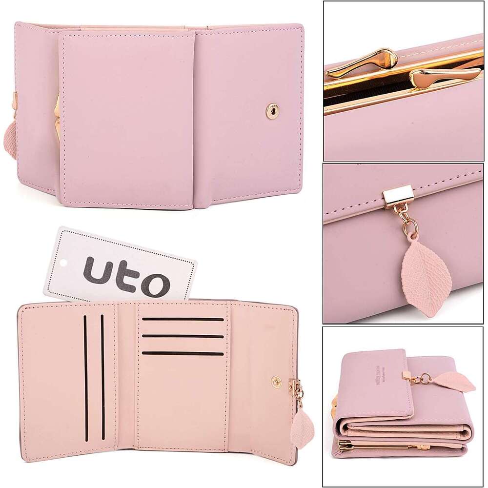 Small Wallet for Women PU Leather Leaf Pendant Card Holder Organizer Coin Purse A Pink