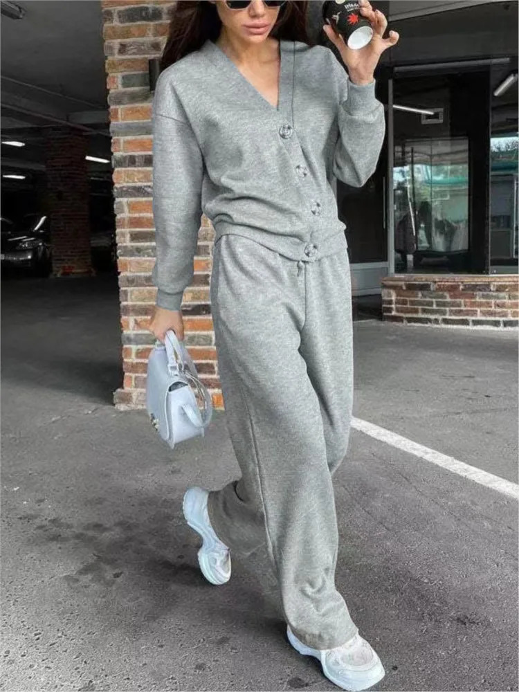 Simple solid color sports pants set for womens casual knitted Vneck cardigan high waisted Trouser style twopiece women 241008