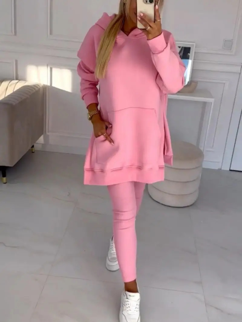 Thick casual long sleeves with large pockets hoodie threaded legs sports slim pants 2piece set 241008