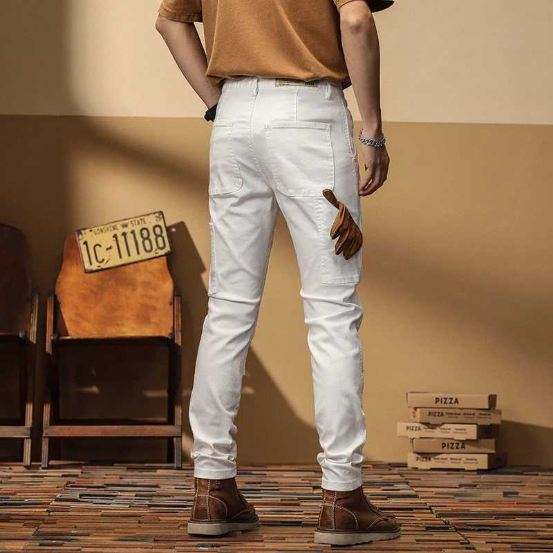 White Stitching Jeans for Men Fashion Slim Stretch Multi-pocket Personality Biker Denim Jeans Pants Trousers Male StreetwearX241009