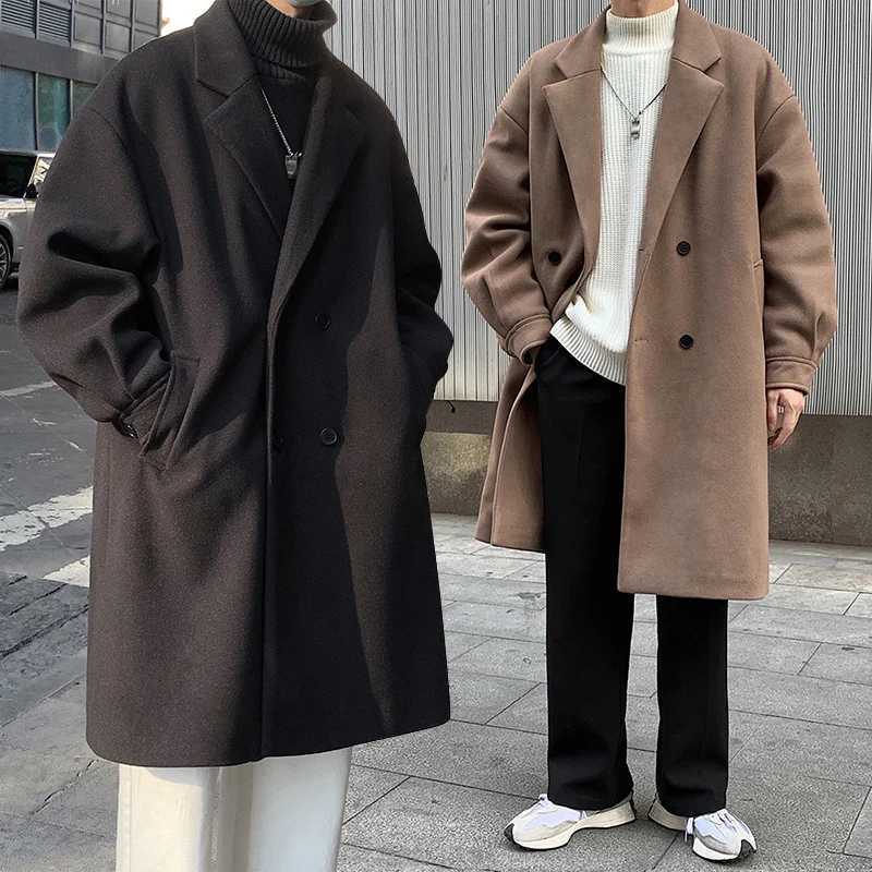 Autumn Winter Men Woolen Dust Coats Japan Style Streetwear Male Loose Solid Color High Quality Mens Thick Warm Trenchcoat LX241010