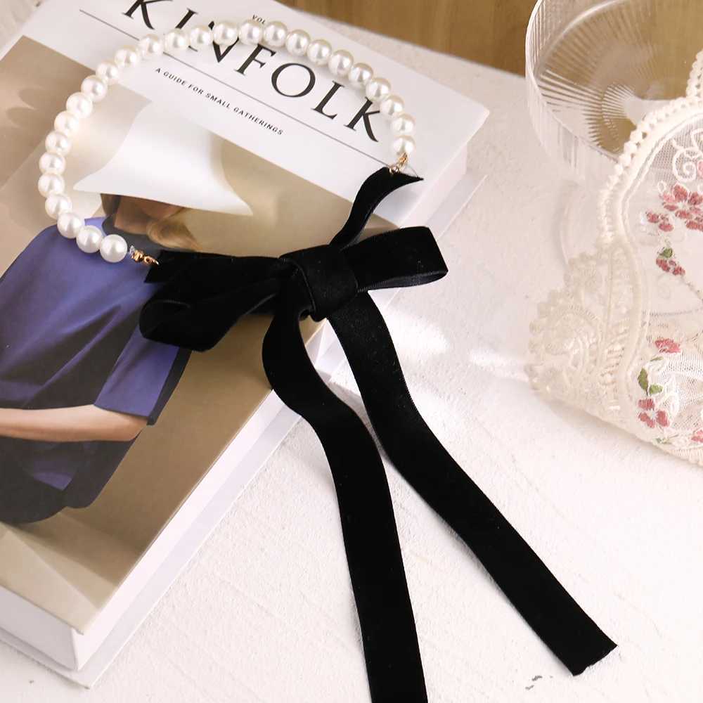 Punk Long Wide Black Velvet Ribbon Choker Bow Tie Simulated Pearl Beads Charm Collar Necklace Gothic Jewelry New Year GiftsX241009