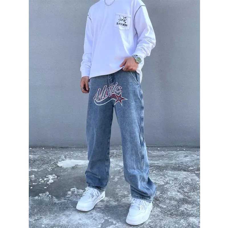 Y2K Pants American Street Mens Harajuku Casual Straight Leg Jeans City Boy Printed Hip-hop Wide Leg Pants Oversize ClothingX241009