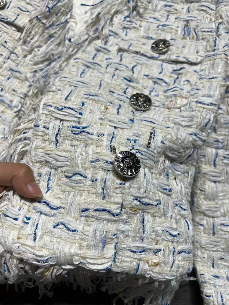 er vintage woven tweed pleated button pocket short sleeved jacket suitable for the fashionable one-piece jacket of autumn 240930