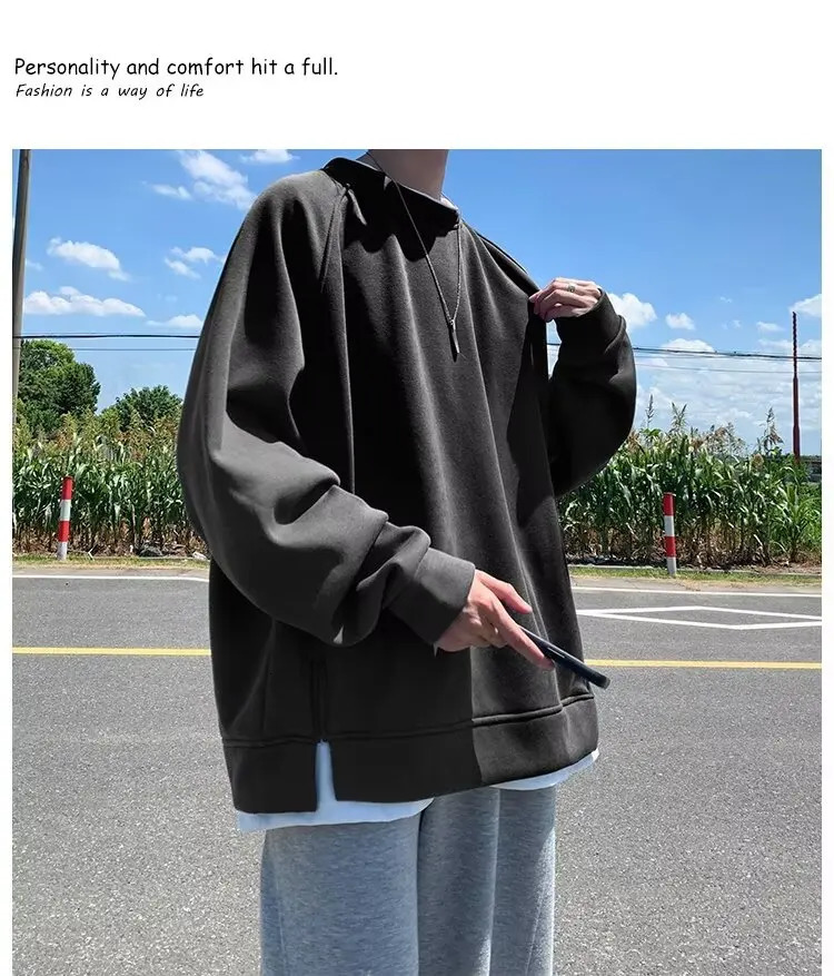 Two-piece Crewneck Mens Sweatershirt Autumn and Winter 2024 y2k korean fashion O-neck Hoodies Solid All-match Base Top 241007