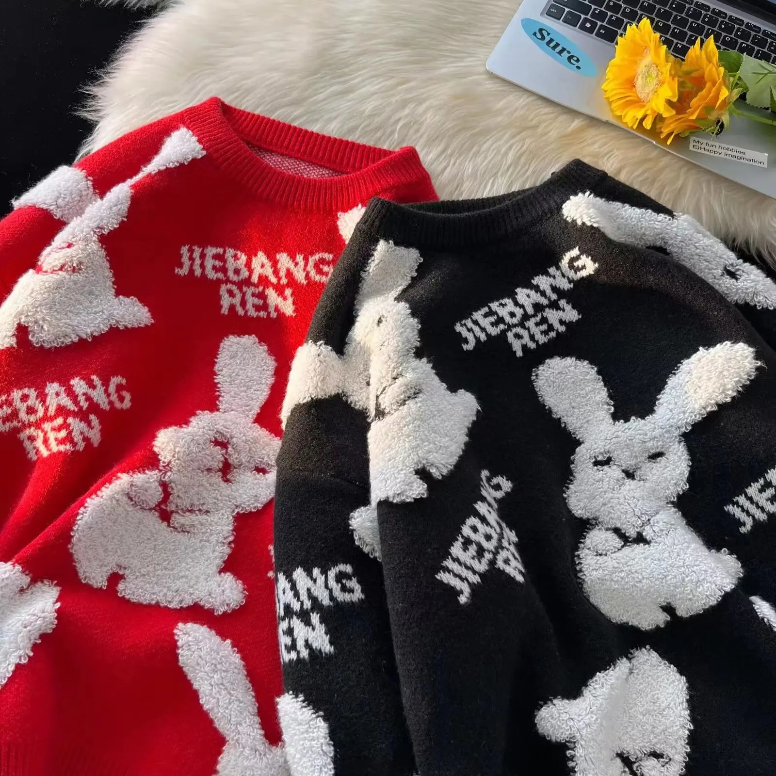 Retro loose red knitted sweater for men cartoon rabbit Shin Harajuku knitted latte winter jumping hip-hop couple excessive jumping 241007