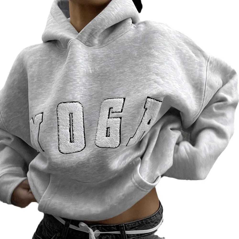 New Arrival New Super Size Crossover Womens Hoodie Grey Embroidered Yoga Letter Printed Loose Fit M241009
