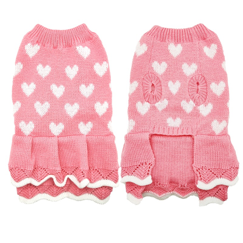 Dog Knitted Sweater Dress Heart Puppy Sweater Warm Soft Pet Holiday Clothes for Small Cats and Dogs