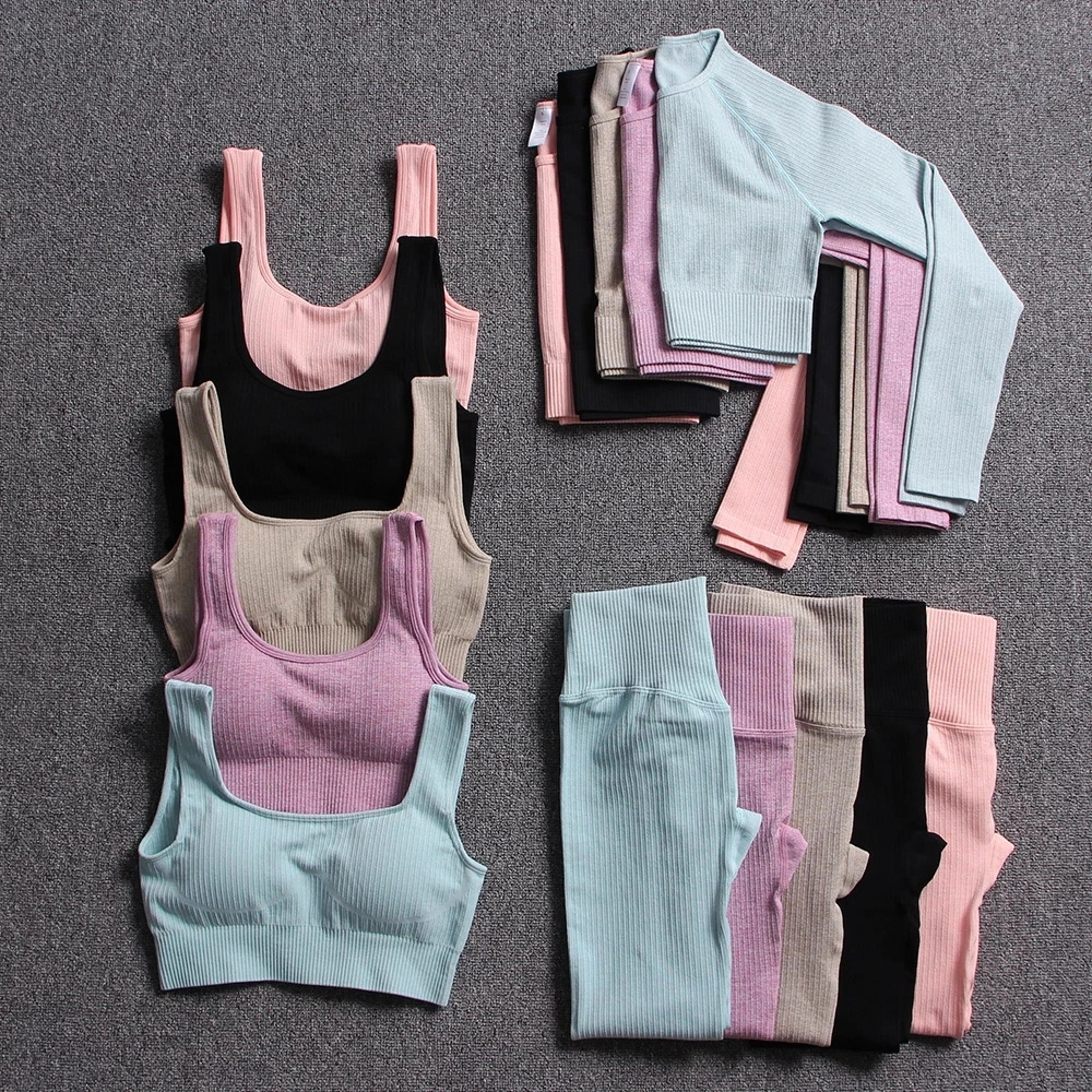 Seamless Yoga Suit Sports Set Gym Clothes Fitness Women Long Sleeve Crop Top High Waist Leggings Ribbed Workout Set Tracksuits 241010