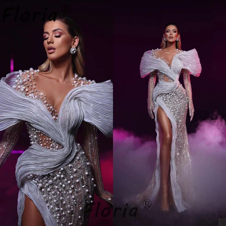 Pearls Glamorous Long Sleeve Wedding Dresses For Woman 2024 vestidos novias boda Sexy High Slit Celebrity Ceremony LuxrruFormal Gown