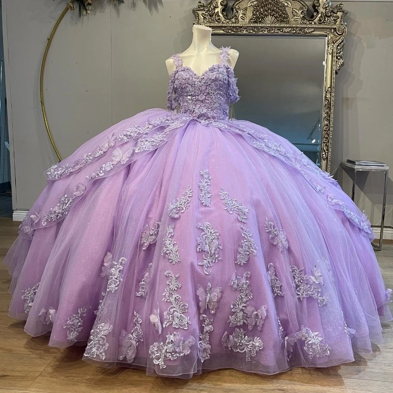 Lavender Off the Shoulder Ball Gown Quinceanera Dresses Applique Lace Crystal Beading Bow Tull Corset Vestido De 15 Anos Sweet 16 Dress