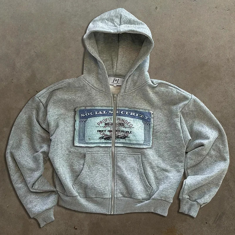 Y2K retro mens automatic hooded sweatshirt with personalized printed pattern street style open collar and long sleeves 241010