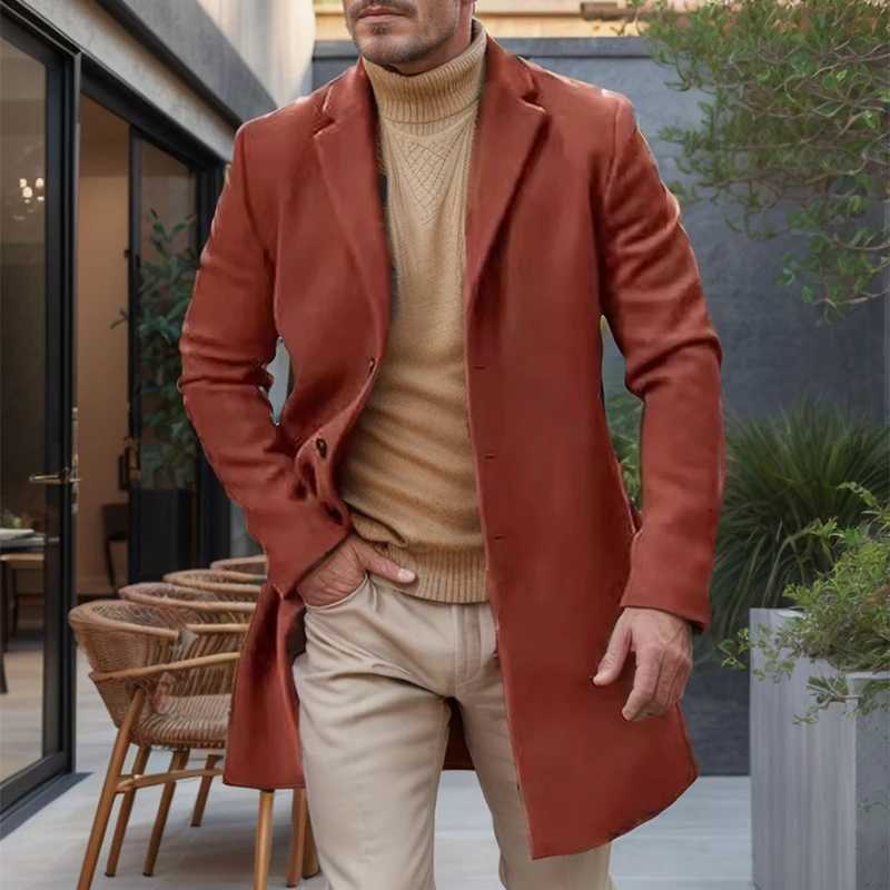 Casual Long Sleeve Woolen Outerwear Mens Vintage Solid Color Turndown Collar Mid Jacket Coat Men Autumn Winter Outdoor Overcoats LX241010