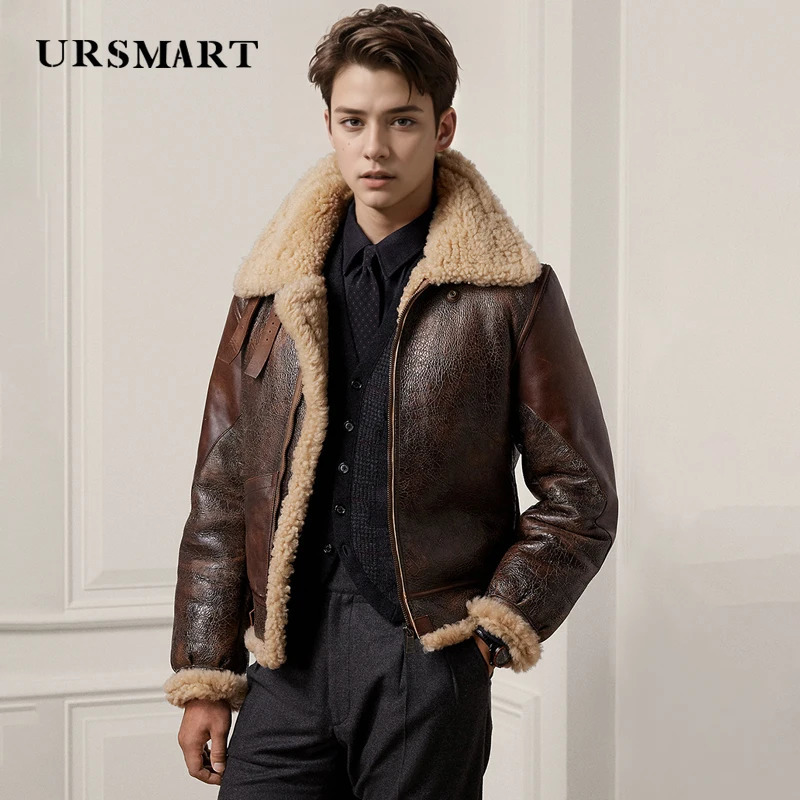 High quality fur integrated mens jacket winter product thick leather warm sheepskin mens aviation jacket 240927