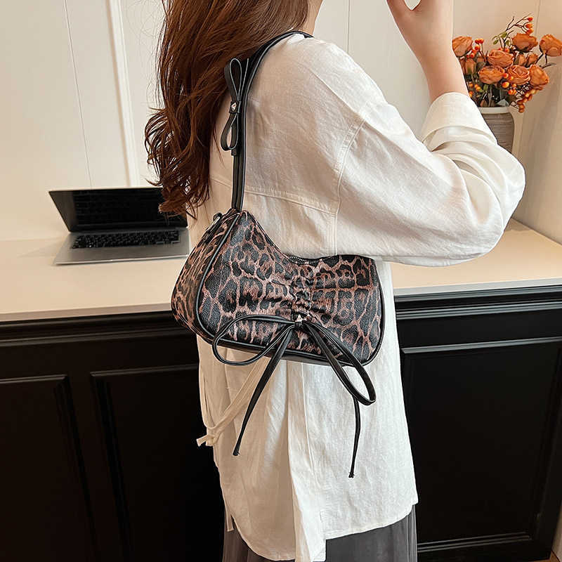 CMM Small Niche Design Leopard Print Bow Hand Held Armpit Cloud Bag for Women Autumn New Single Shoulder Crossbody Tote Bag