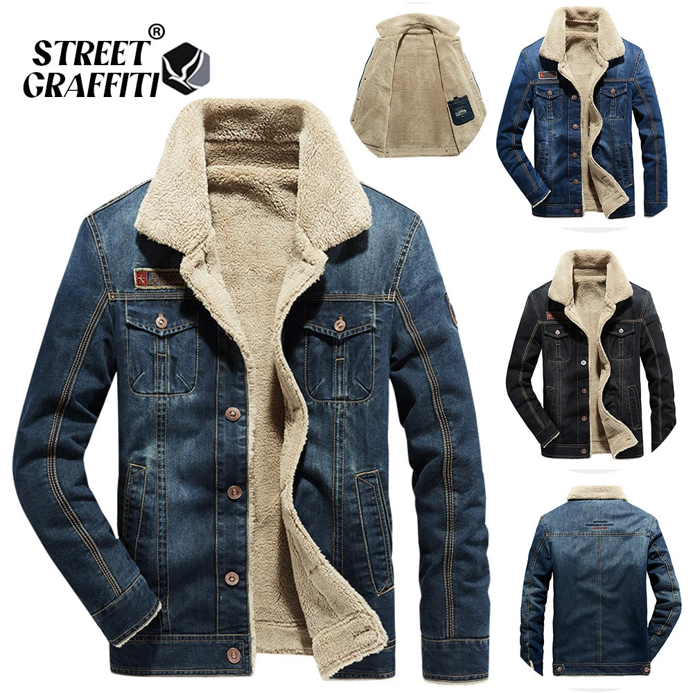 mens winter casual denim warm fur collar jacket fashion clothing lapel single chest autumn retro Parkas 241007
