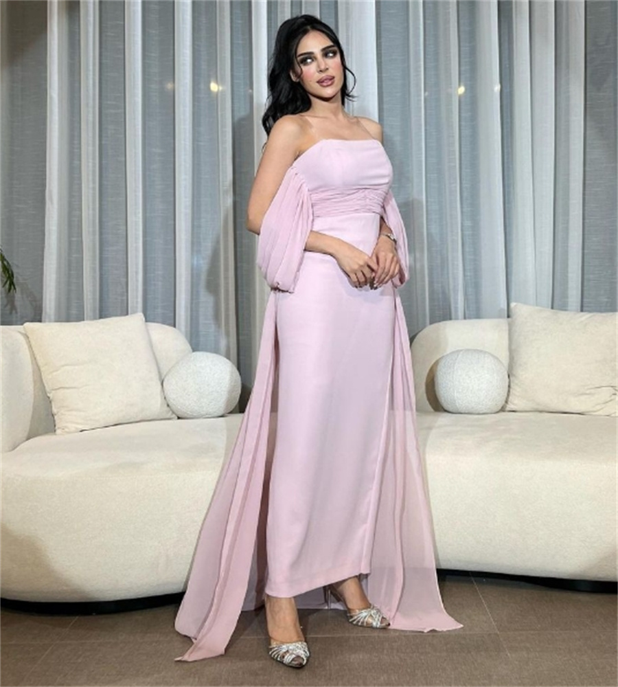 Charming Pink Saudi Arabic Evening Dress With Train Elegant Strapless Abaya Turkey Prom Dress 2025 Engagement Birthday Formal Occasion Cocktail Party 