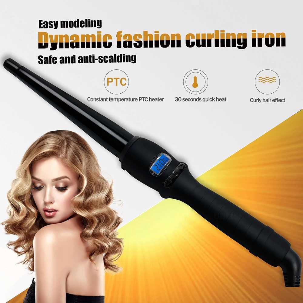 Hair Curling Wand Tapered Curling Iron Professional Ceramic Hair Curler Wand Instant Heating Hair Styling Tools LCD DisplayXJ241010
