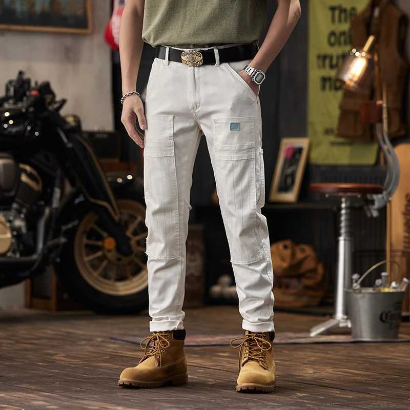White Motorcycle Stitching Jeans Mens Fashion High-End Tight Stretch Korean Fashion Slim Fit Ankle Tight TrousersX241009