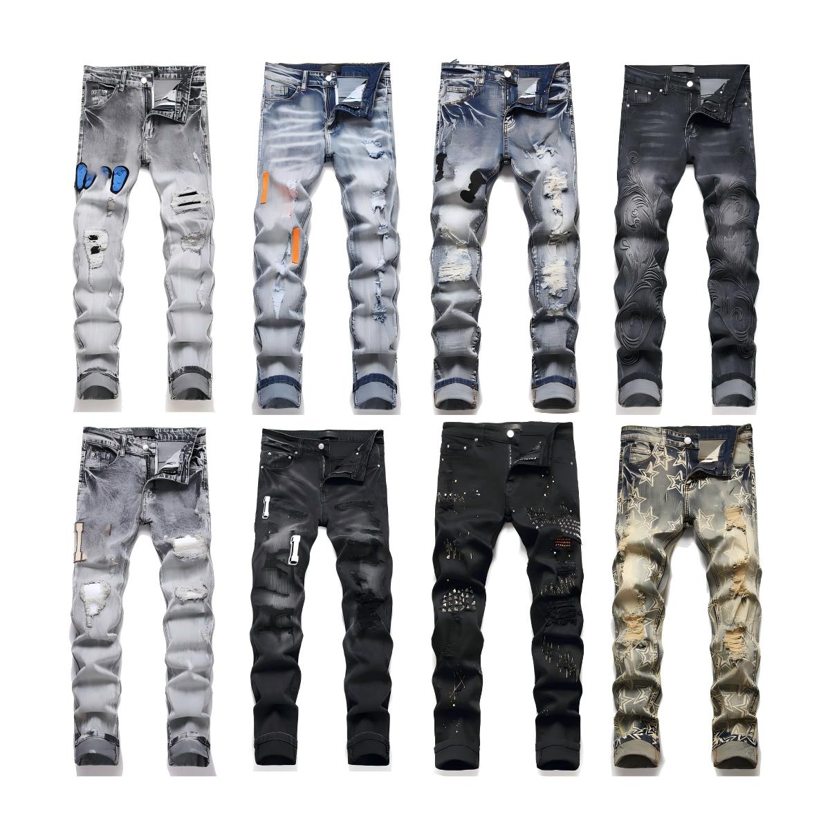 mens high quality men jeans cool style designer pant distressed ripped biker black blue jean slim fit motorcycle 2024 SIZE 39-43
