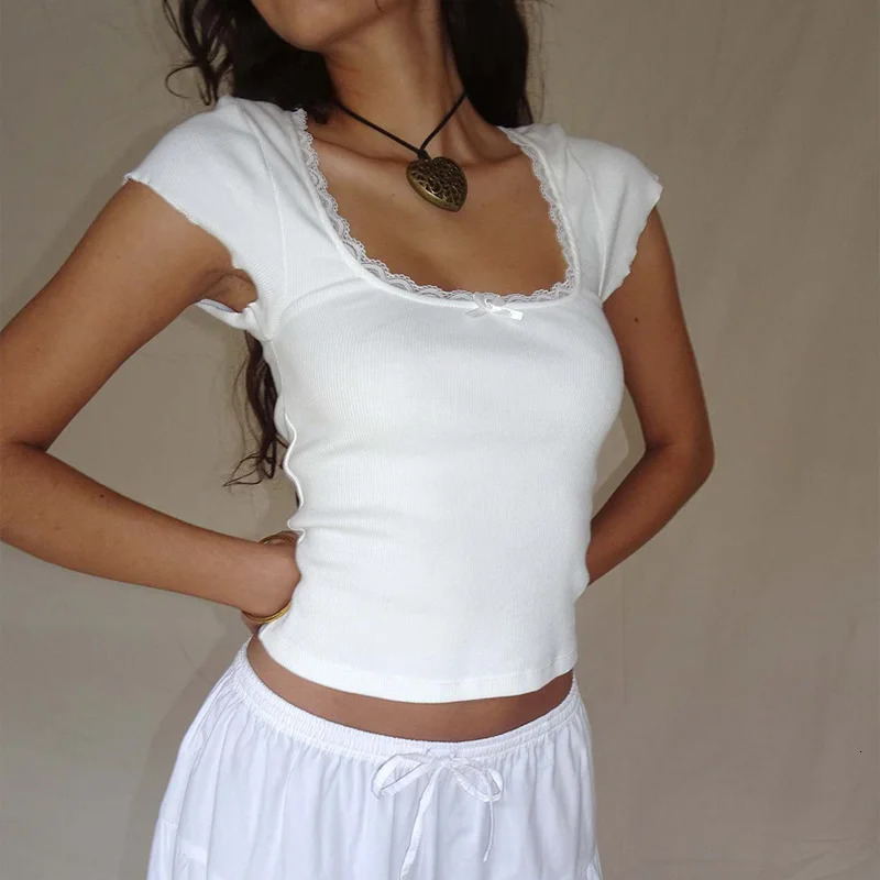 y2k Vintage Tee Cottage Lace Trim Knitted T-Shirt Summer Square Neck Short Sleeve Tee Shirt Women White Milkmaid Crop Top 241010