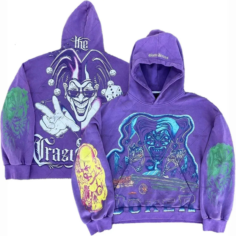 US Retro Hoodie Personalized Printed Purple Oversized Pullover Sweatshirt Y2K Loose Casual Couple Top 241010