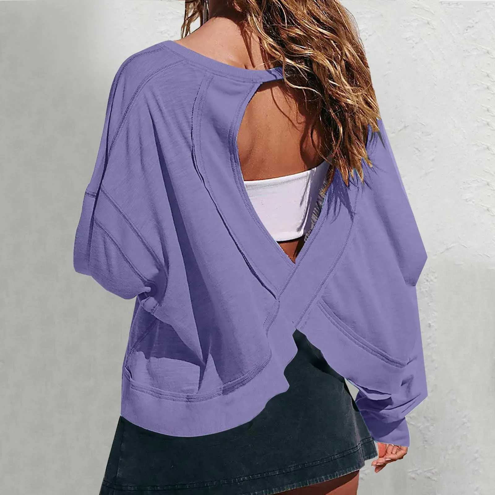 New Arrival Womens open back training top oversized sports shirt solid color long sleeved irregular bottom gym running yoga shirt M241009