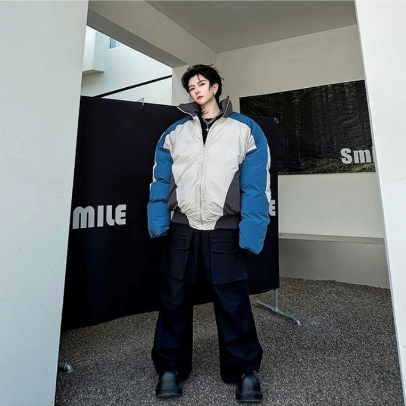 Retro Stand Collar Winter Jacket Men Zip Up Patchwork Cotton-Padded Lightweight Parkas Spring Unisex Loose Autumn Short Outwear