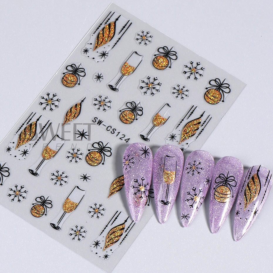 Reflective Gold Christmas Nail Art Stickers Sparkling Bell Lights Snowflake 2024 Year Handmade Winter Foil 241008