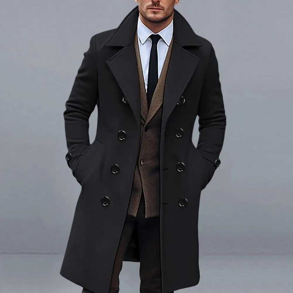 Lapel Woolen Coat Mens Long Woolen Coat Lapel Windbreaker with Pockets Double Breasted Mid-length Outwear Classic for Men LX241010
