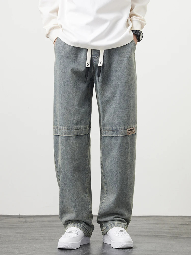 retro blue mens jeans plus size string wide leg jeans cotton casual straight jeans 6XL 7XL 8XL 241007