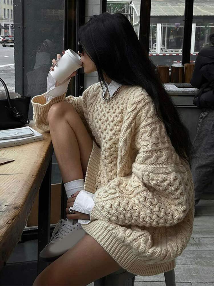Women Overtised Loose Solid Long Sleeve Knit Cardigan Elegant O Neck Short Sweaters 2024 Autumn Lady High Streetwear