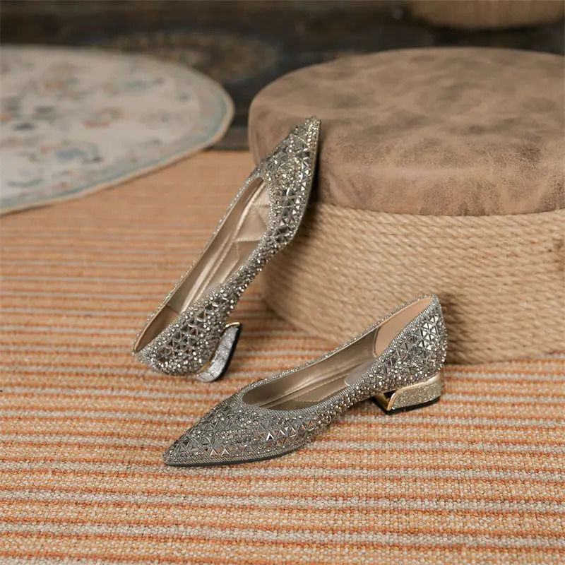 Woman Trafa Shoes Crystal Pumps Low Heeled Party Bride Wedding Shoes Female Sequin Loafers Ladies Dress High Heels 240927