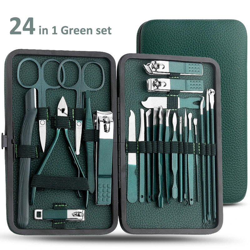 24 piece green stainless steel nail clipper and pedal clipper set - portable manual and pedal tool nail clipper set 240927