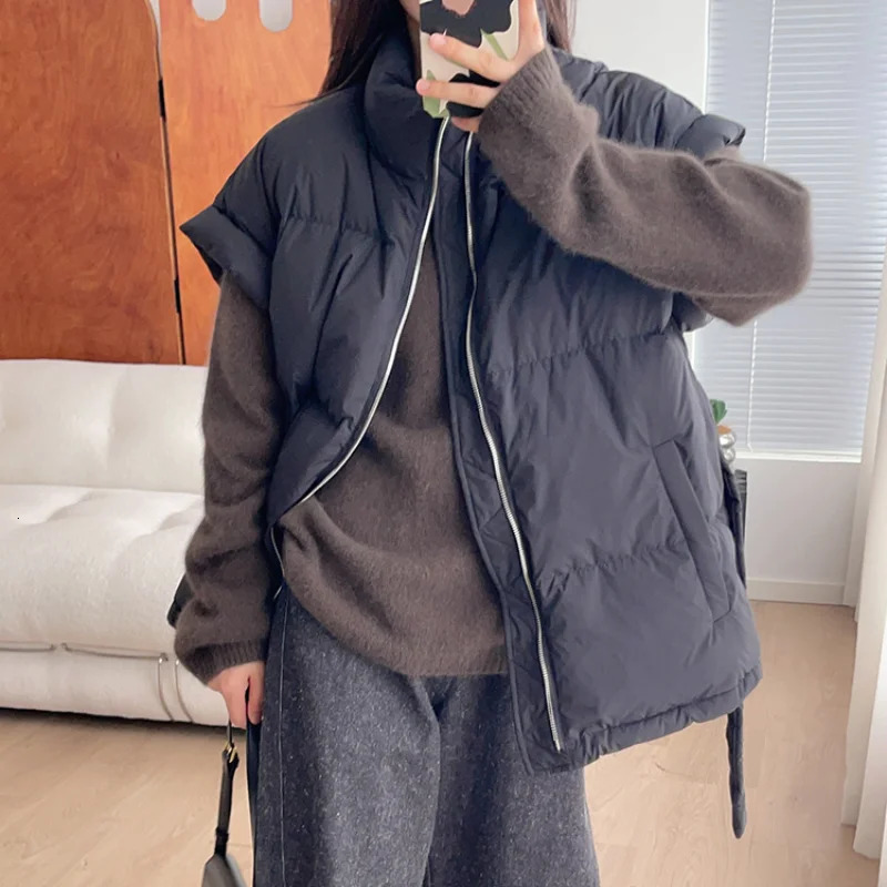 Womens short sleeved vest sleeveless jacket with waistband thick waisted coat loose warm waistcoat stand up collar Korean fashion 241009