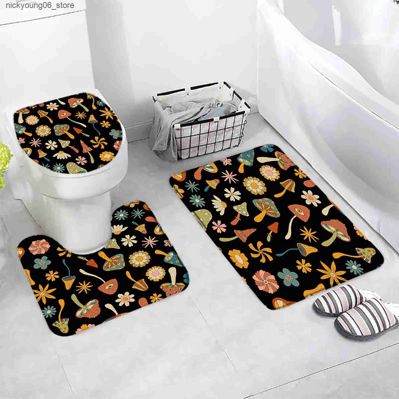 Non-Slip Bath Mats Vintage Mushroom Bath Mat Set White Daisy Floral Dragonfly Snail Green Leaves Plant Black Carpet Bathroom Decor Rug Toilet Cover L2