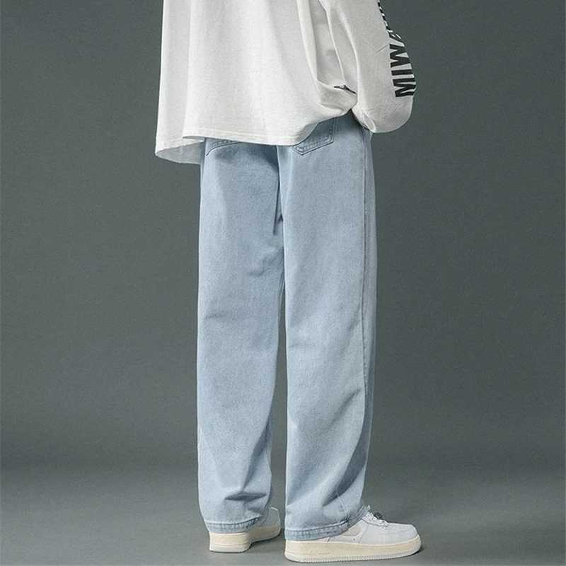 Korean Mens Casual Hip Hop Long Baggy Jeans Classic Man Straight Wide Leg Denim Pants Light Blue Grey Black Streetwear TrousersX241009